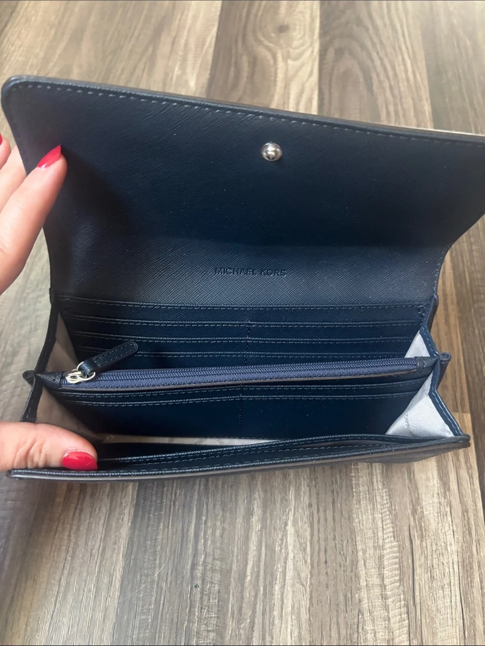 Michael Kors Navy Pebbled Leather Continental Wallet with Gold MK Emblem